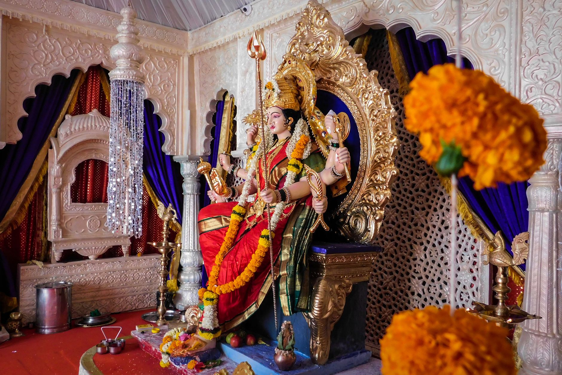Intricately decorated Durga idol from Mumbai, highlighting vibrant cultural elements.