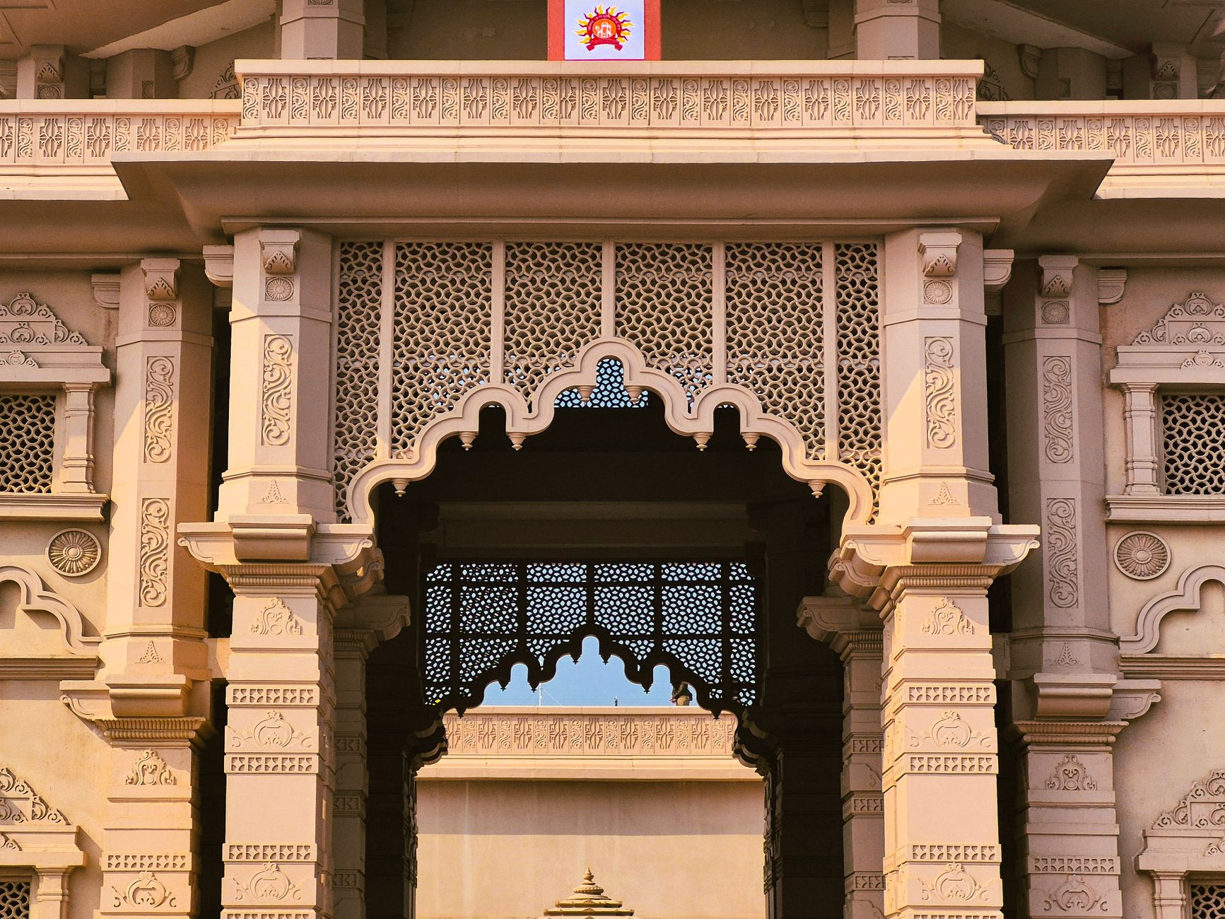 Intricate facade of a temple in Ayodhya, Uttar Pradesh showcasing traditional Indian architecture.